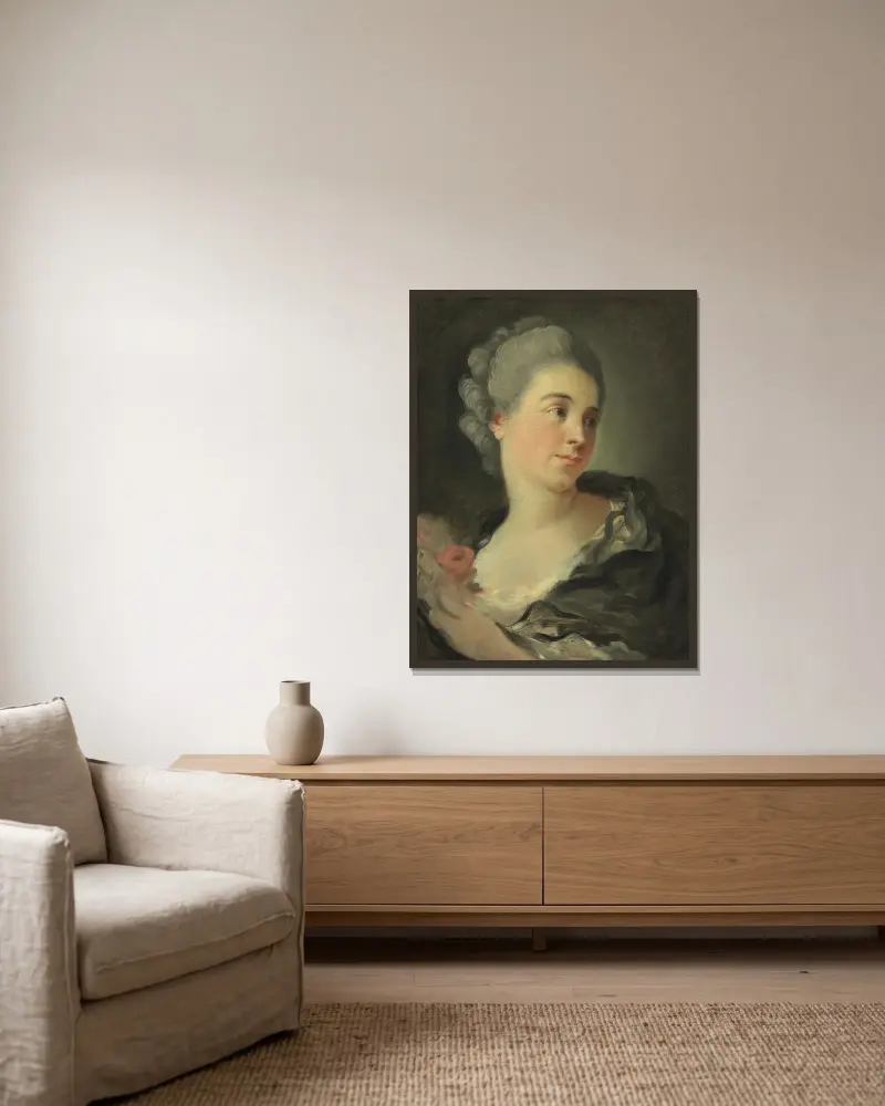 Portrait Of A Young Woman, Presumably Marie-Thérèse Colombe av Jean-Honoré Fragonard inramad på en vägg
