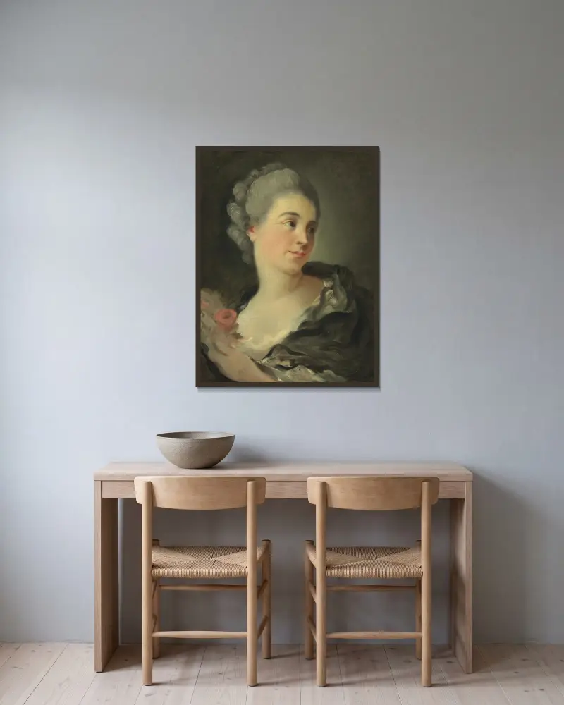 Portrait Of A Young Woman, Presumably Marie-Thérèse Colombe av Jean-Honoré Fragonard inramad på en vägg