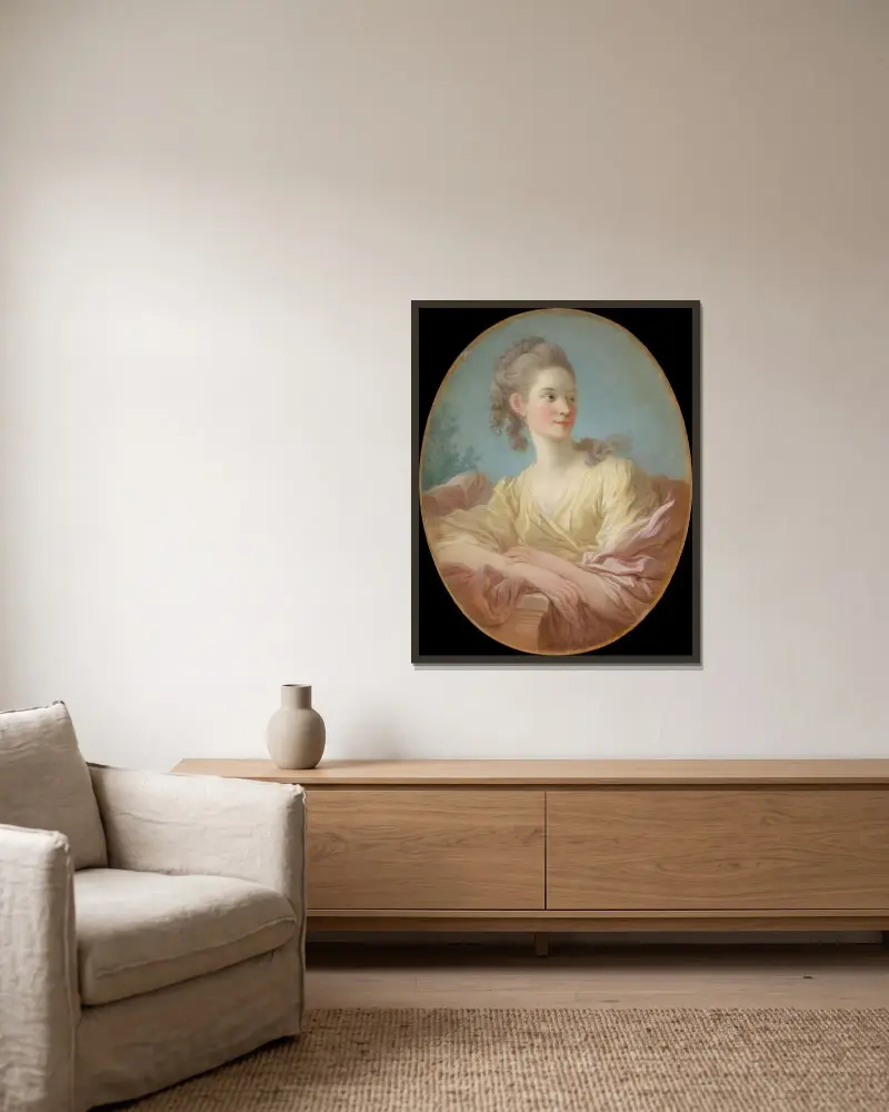Bildnis einer jungen Frau von Jean-Honoré Fragonard gerahmt an einer Wand