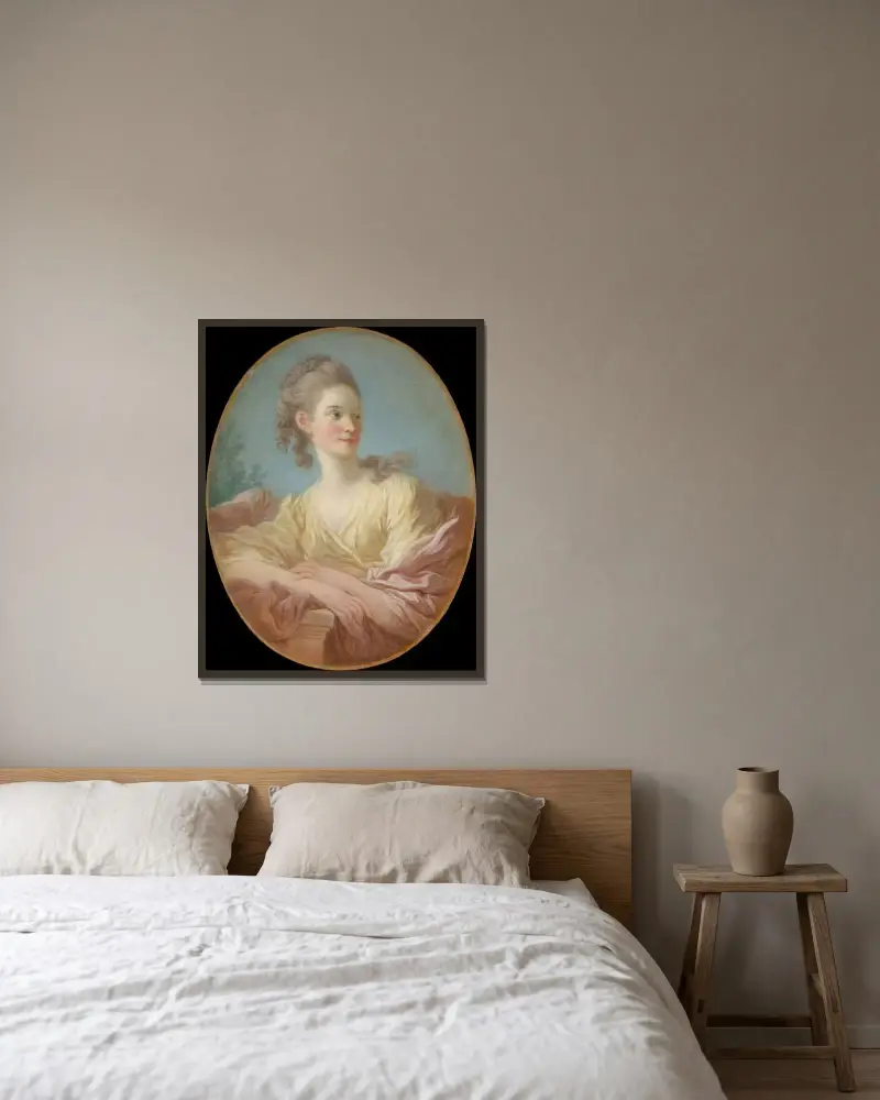 Bildnis einer jungen Frau von Jean-Honoré Fragonard gerahmt an einer Wand