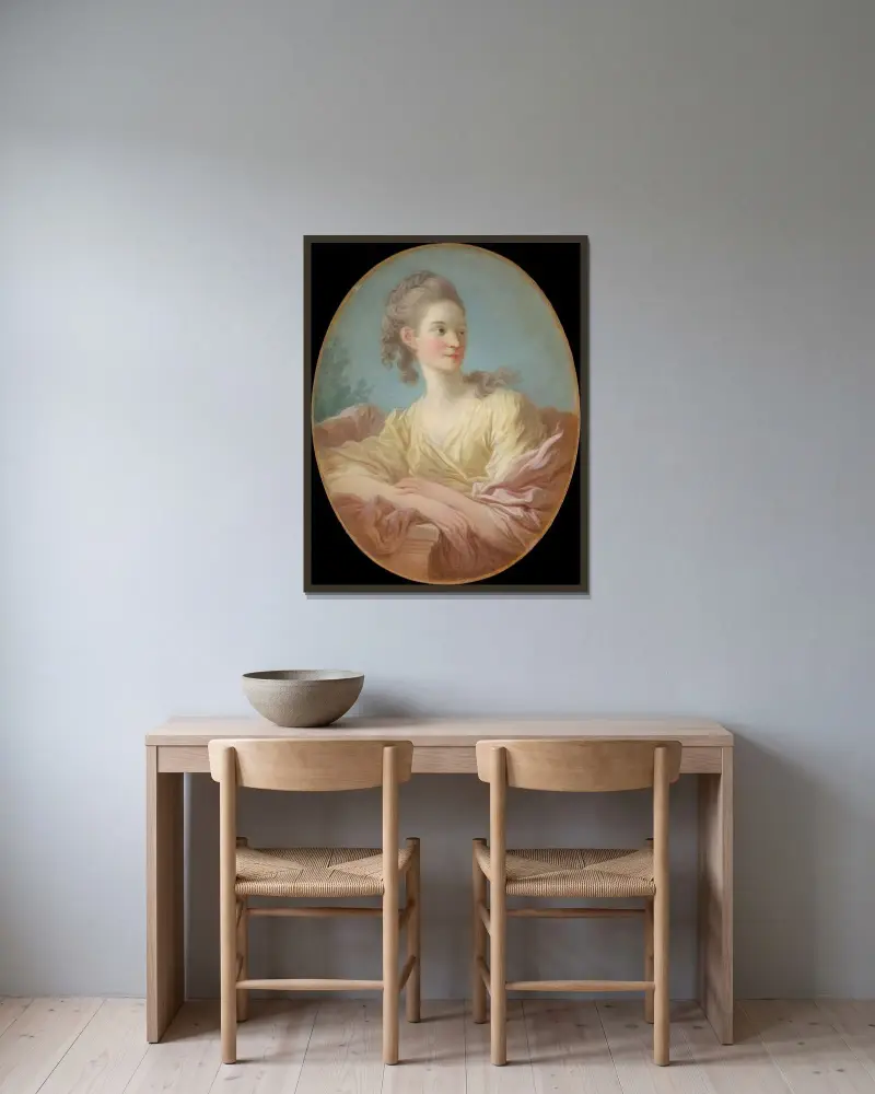 Bildnis einer jungen Frau von Jean-Honoré Fragonard gerahmt an einer Wand