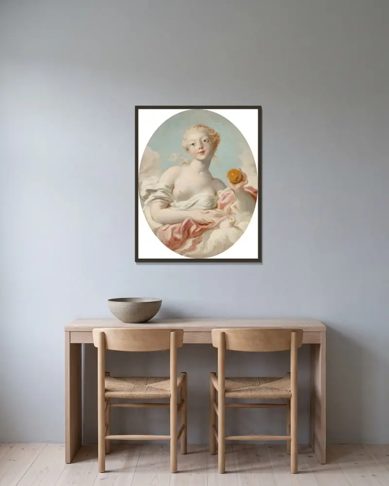 Portrait said to be Mademoiselle Marie-Catherine Colombe as Venus av Jean-Honoré Fragonard inramad på en vägg