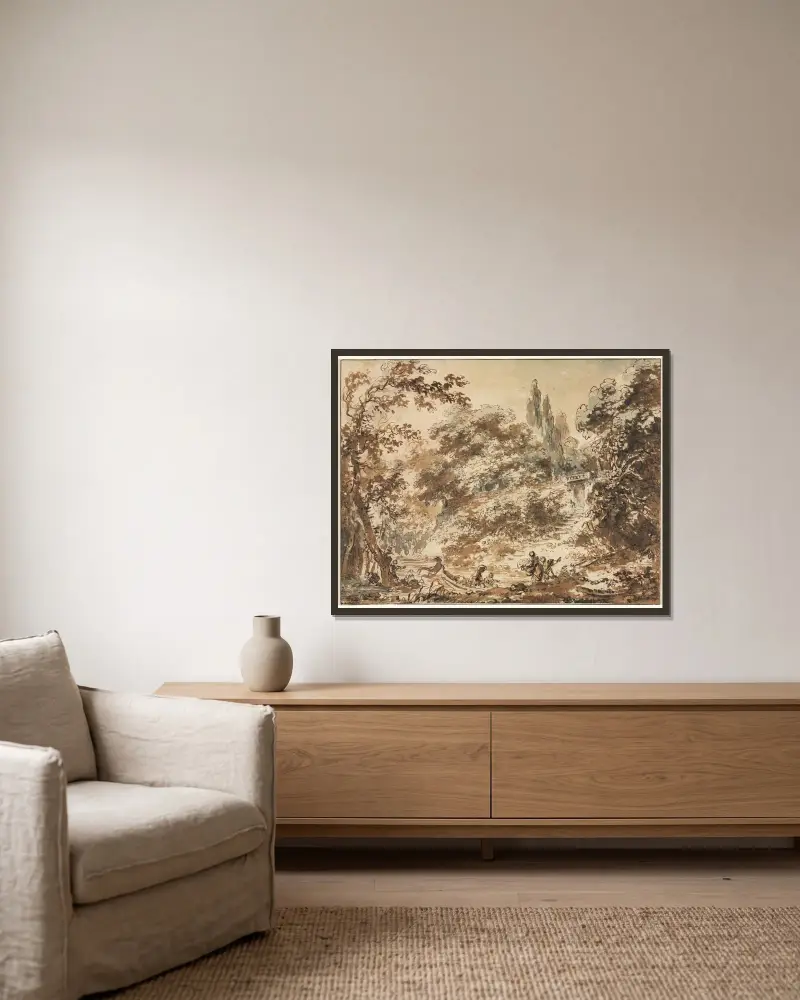 Szene in einem Park von Jean-Honoré Fragonard gerahmt an einer Wand