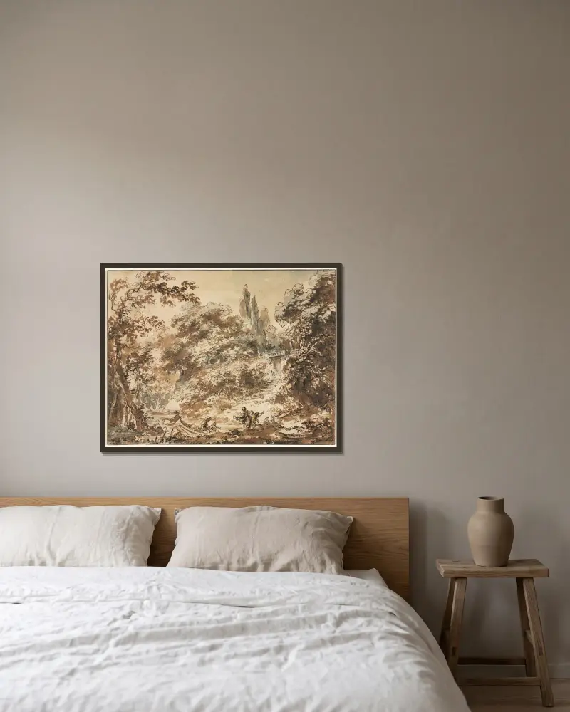 Szene in einem Park von Jean-Honoré Fragonard gerahmt an einer Wand