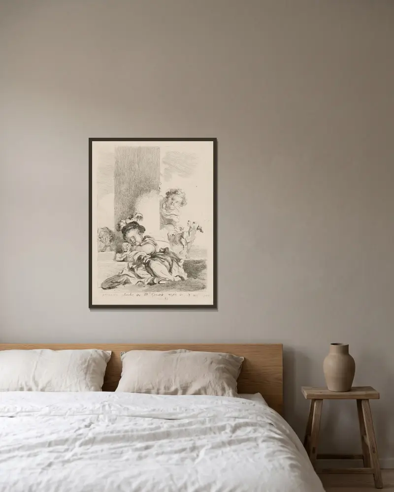 The Child and the Cat av Jean-Honoré Fragonard inramad på en vägg