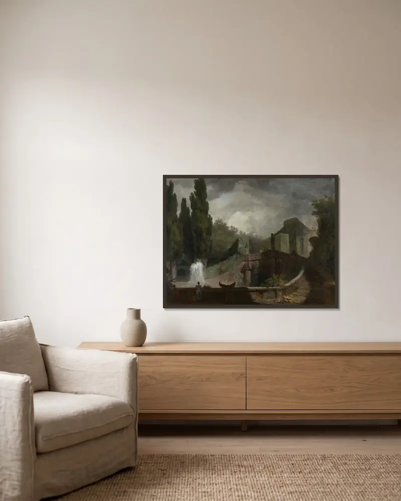 Den stora trappan i Villa d'Este i Tivoli av Jean-Honoré Fragonard inramad på en vägg