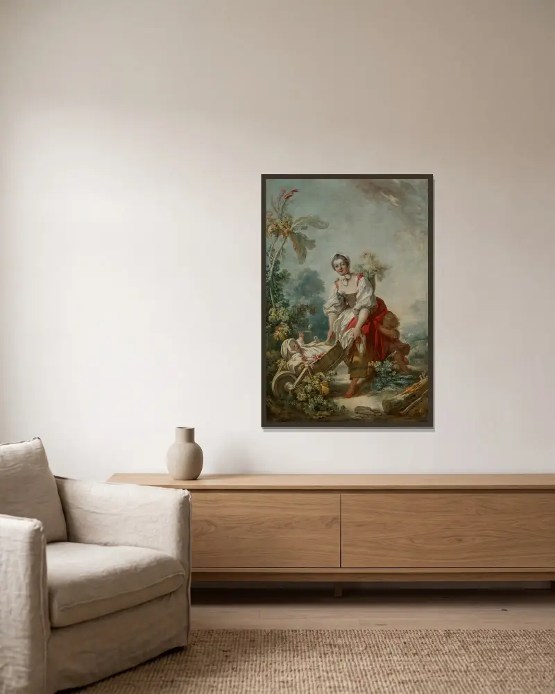 The Joys of Motherhood av Jean-Honoré Fragonard inramad på en vägg