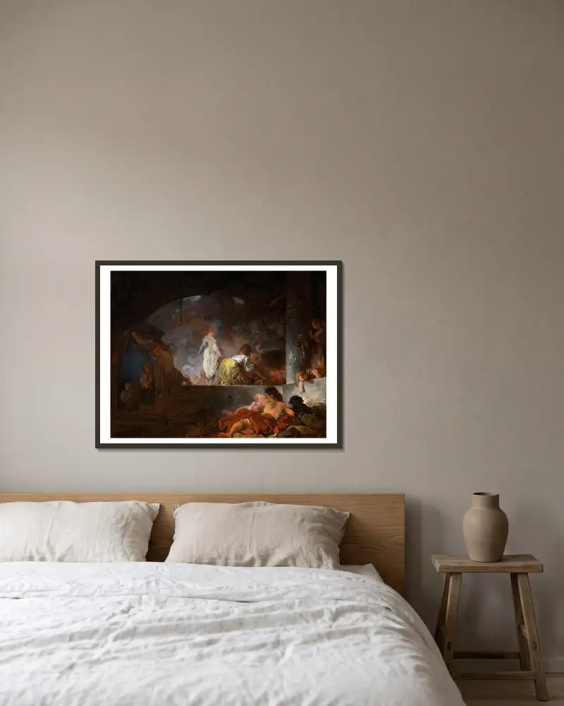 Die Wäscherinnen von Jean-Honoré Fragonard gerahmt an einer Wand