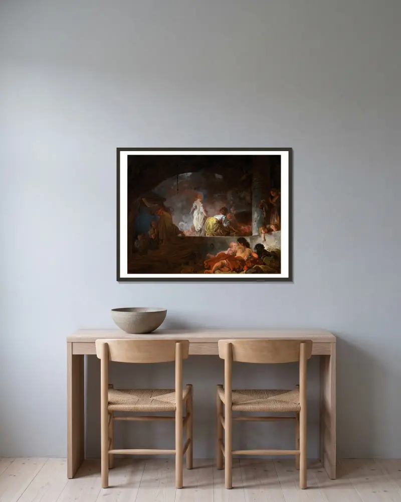 Die Wäscherinnen von Jean-Honoré Fragonard gerahmt an einer Wand