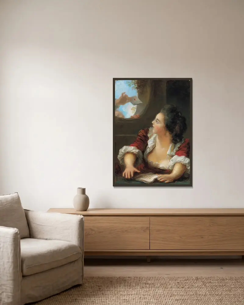 The Love Letter – nr 1 av Jean-Honoré Fragonard inramad på en vägg