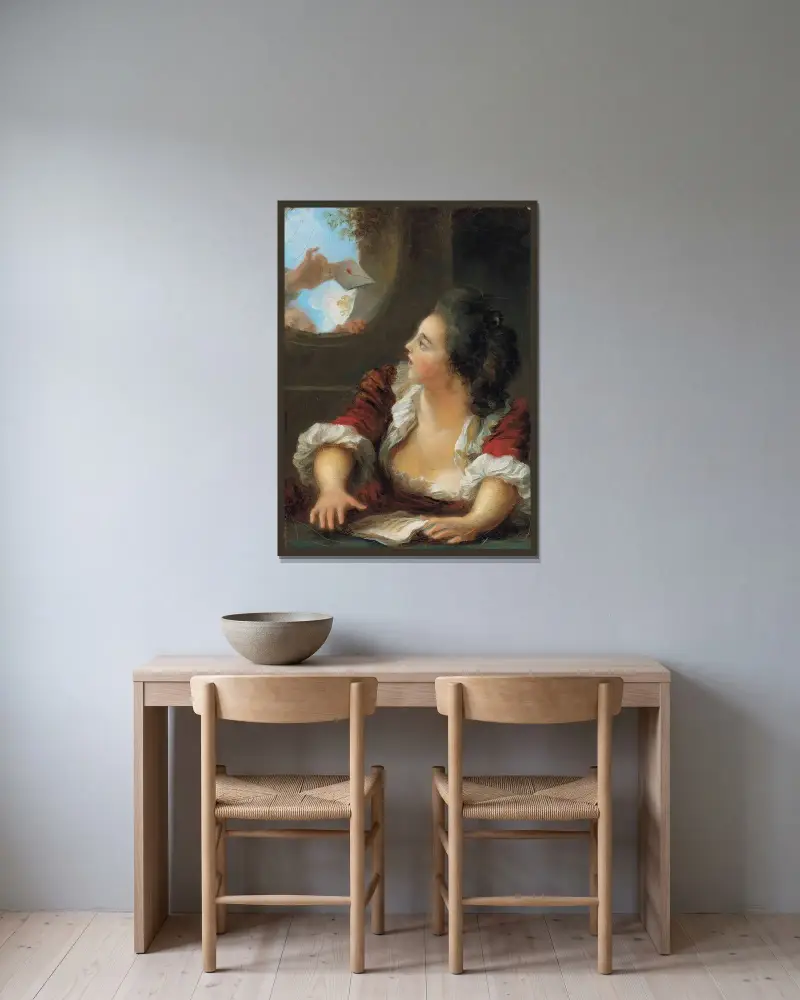 The Love Letter – nr 1 av Jean-Honoré Fragonard inramad på en vägg