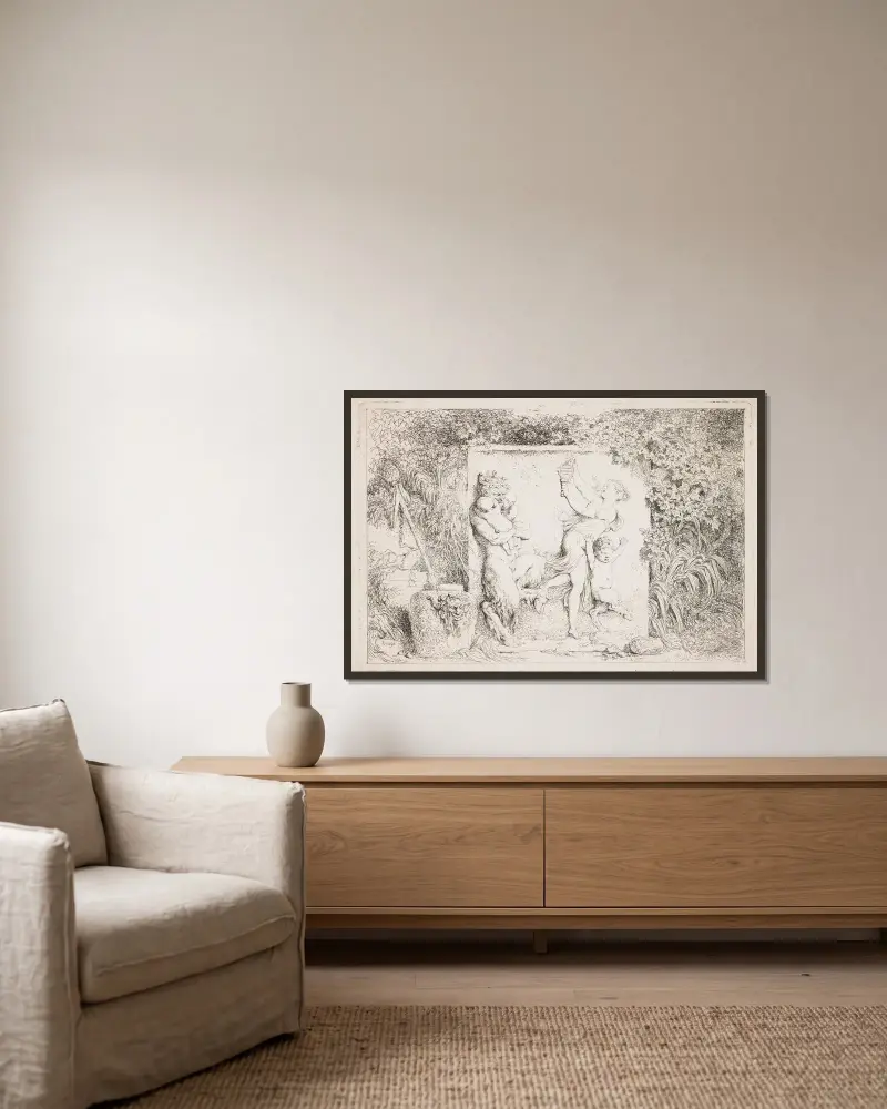 Der Tanz der Satyrn von Jean-Honoré Fragonard gerahmt an einer Wand