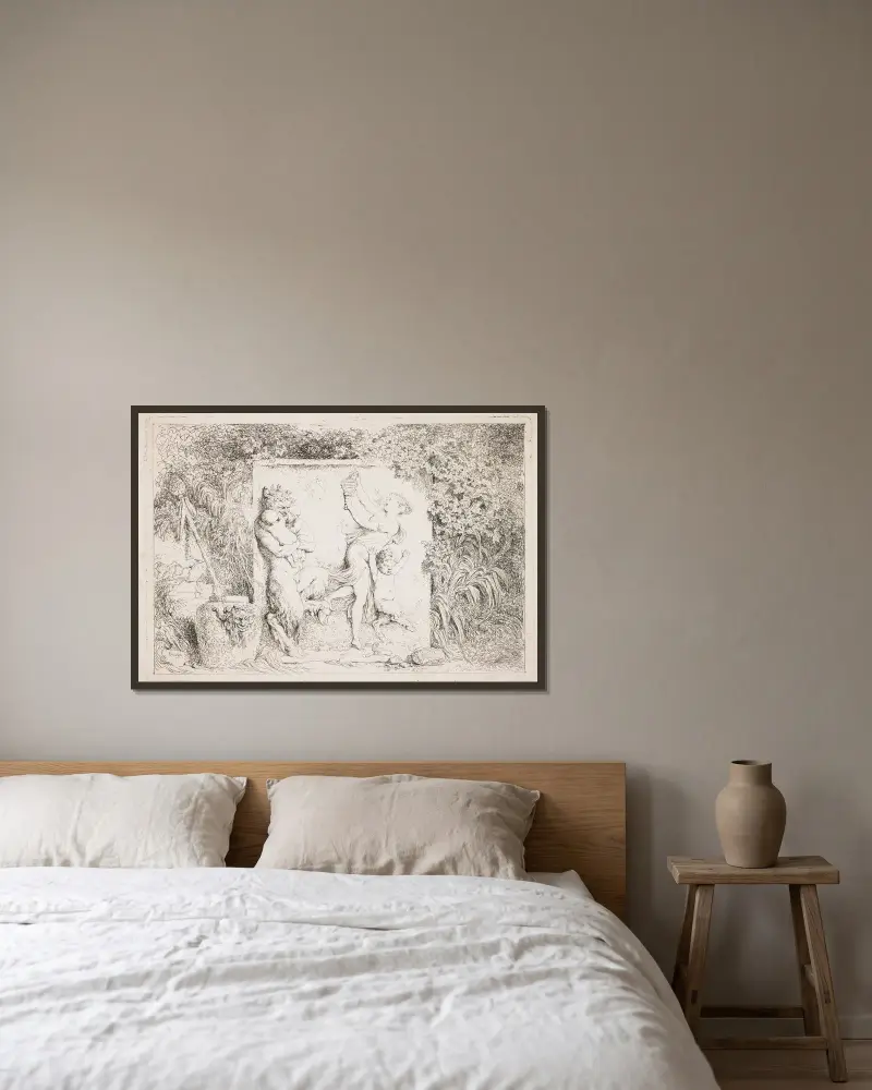 Der Tanz der Satyrn von Jean-Honoré Fragonard gerahmt an einer Wand