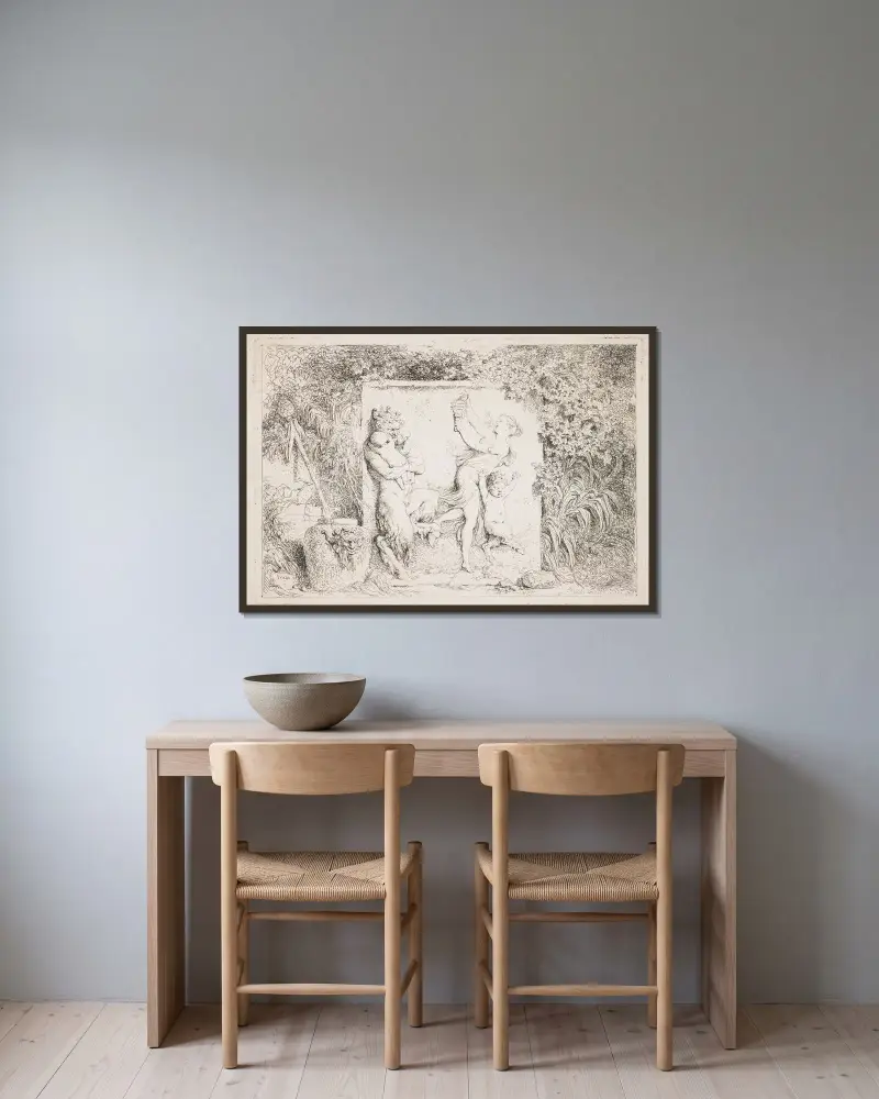 Der Tanz der Satyrn von Jean-Honoré Fragonard gerahmt an einer Wand