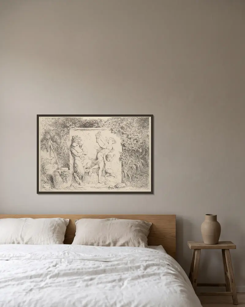 Der Tanz des Satyrn von Jean-Honoré Fragonard gerahmt an einer Wand