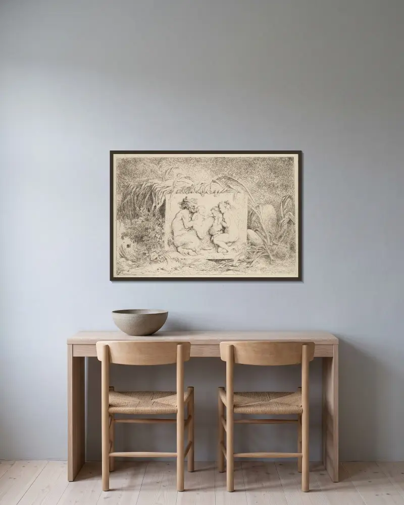 Satyrfamiljen av Jean-Honoré Fragonard inramad på en vägg