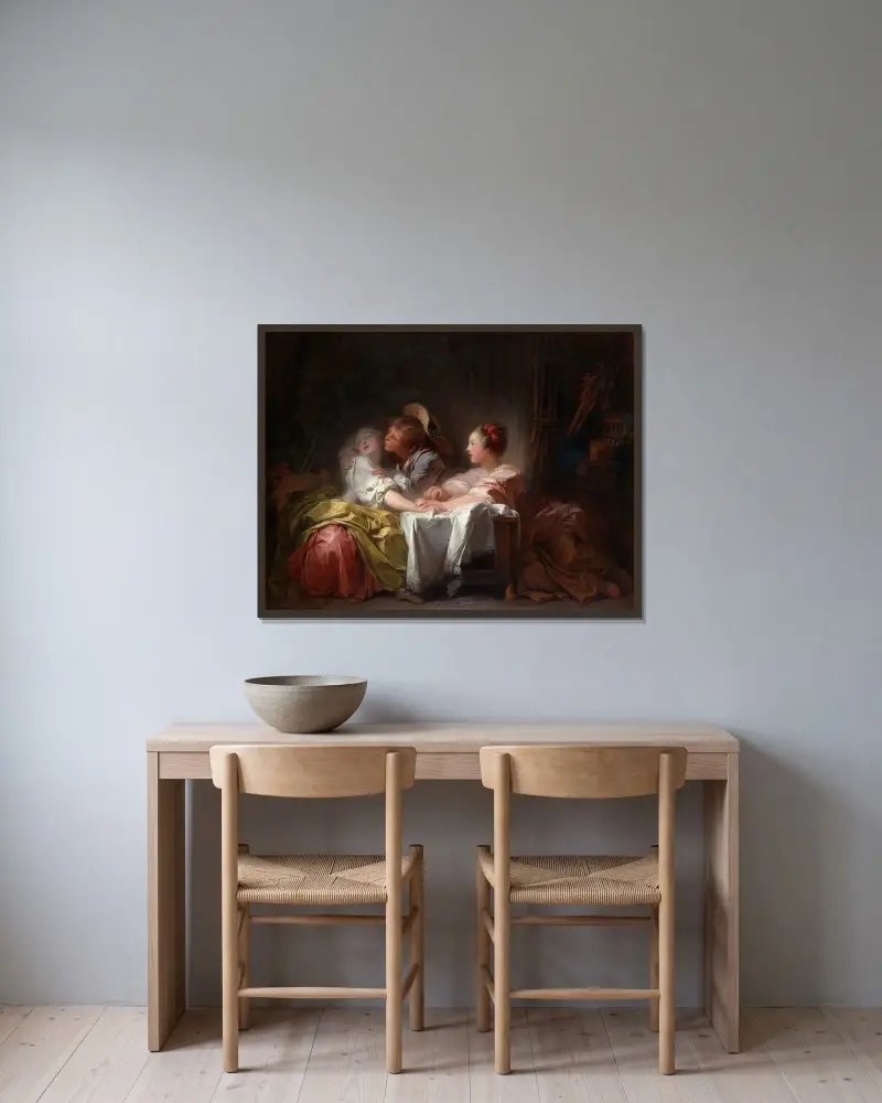 The Stolen Kiss av Jean-Honoré Fragonard inramad på en vägg