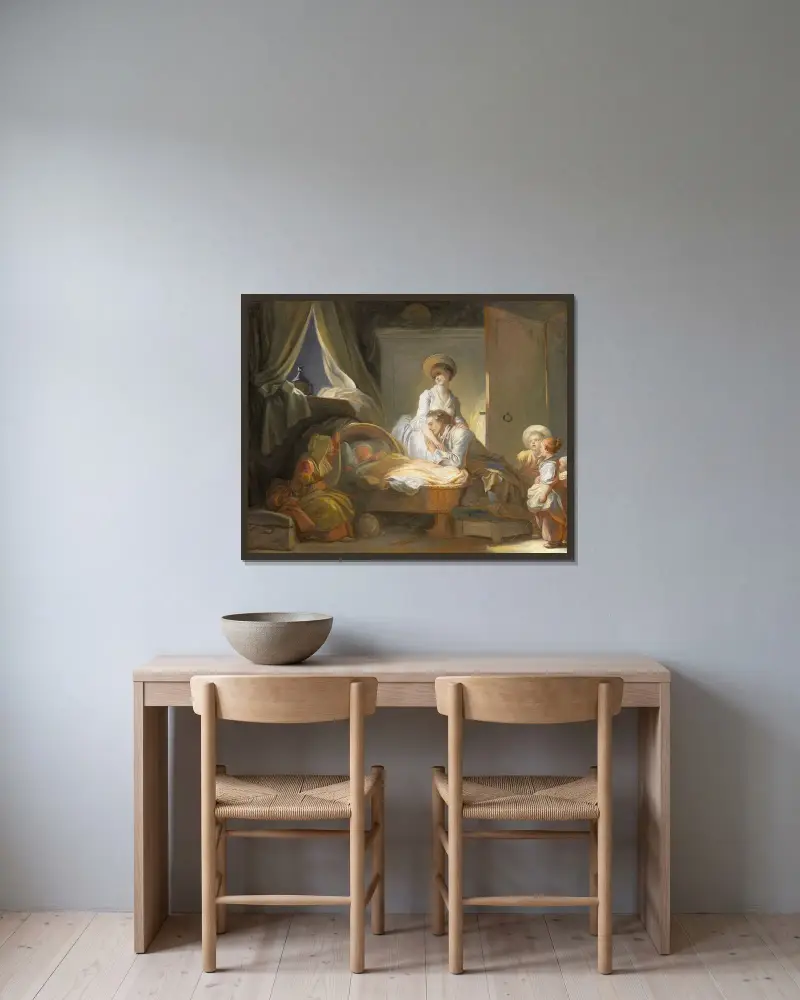 Besöket i barnkammaren av Jean-Honoré Fragonard inramad på en vägg