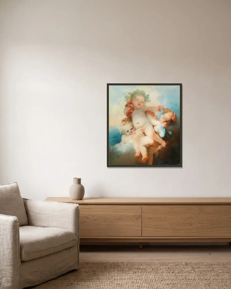 Three Putti crowned with flowers av Jean-Honoré Fragonard inramad på en vägg