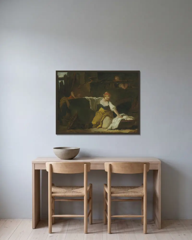 Young Washerwomen av Jean-Honoré Fragonard inramad på en vägg