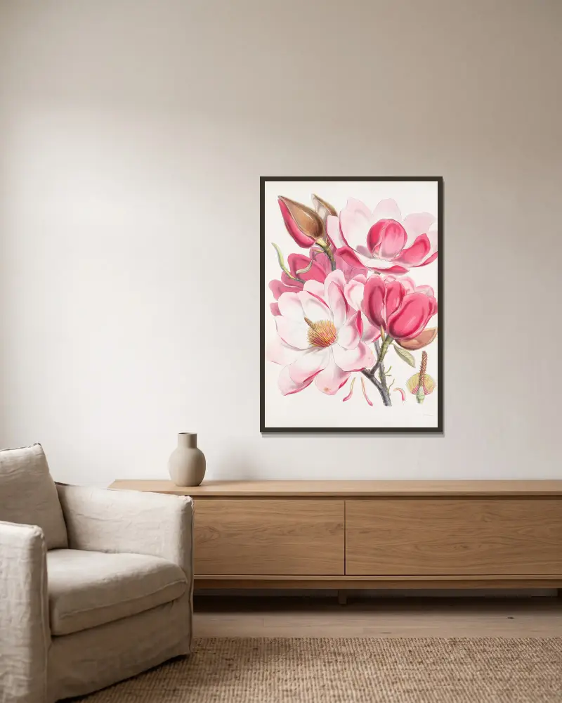 Magnolia Campbellii, H.f. et T. (Flowering plant)., 1855 – nr 1 av Walter Hood Fitch inramad på en vägg