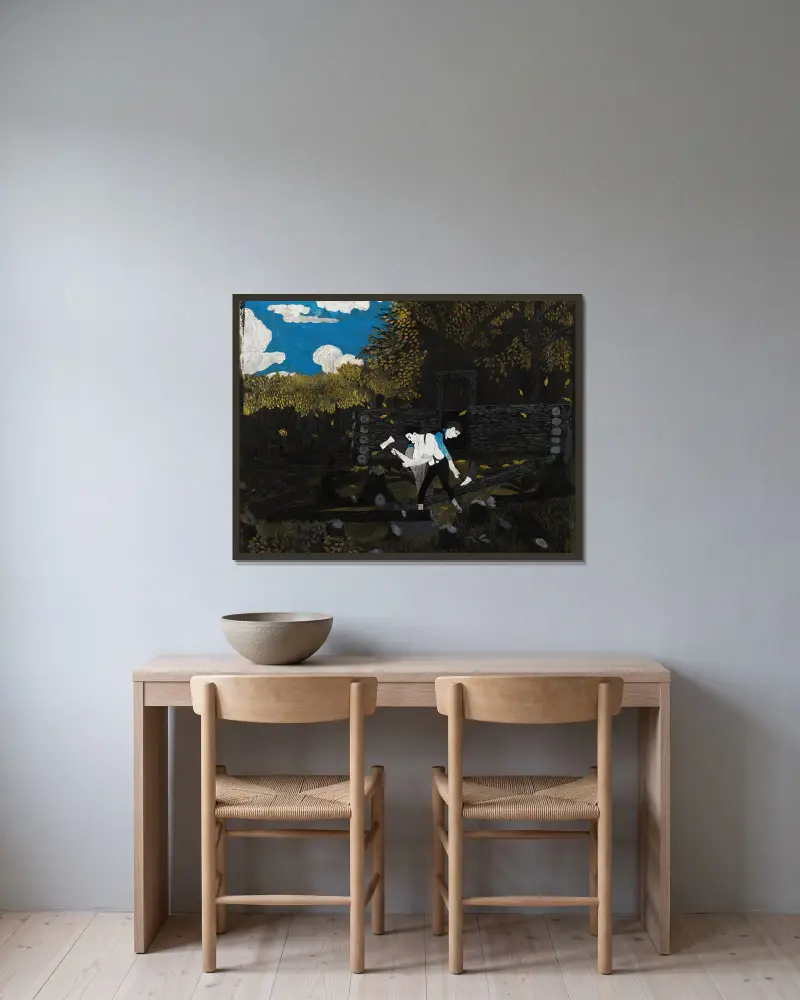 Abraham Lincoln och hans far bygger sin koja vid Pigeon Creek av Horace Pippin inramad på en vägg