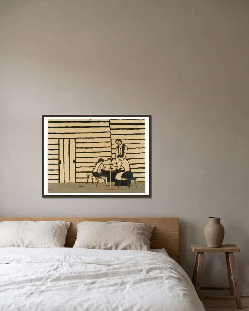 Familienmahlzeit (Tischgebet) von Horace Pippin gerahmt an einer Wand