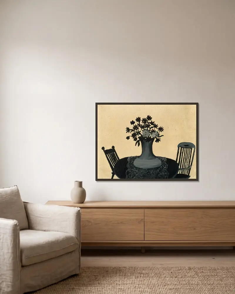 Tisch und zwei Stühle von Horace Pippin gerahmt an einer Wand
