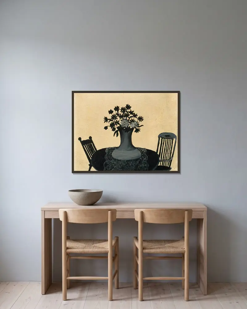 Tisch und zwei Stühle von Horace Pippin gerahmt an einer Wand