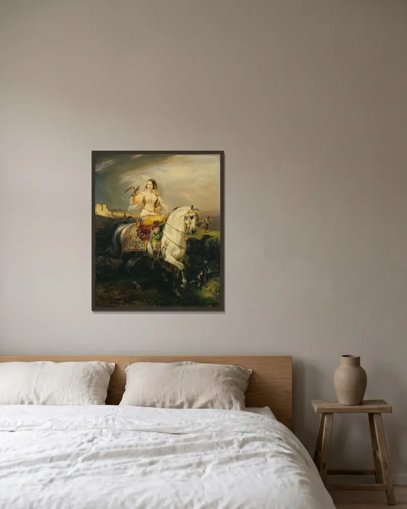 En algerisk falkenerande dam av Horace Vernet inramad på en vägg