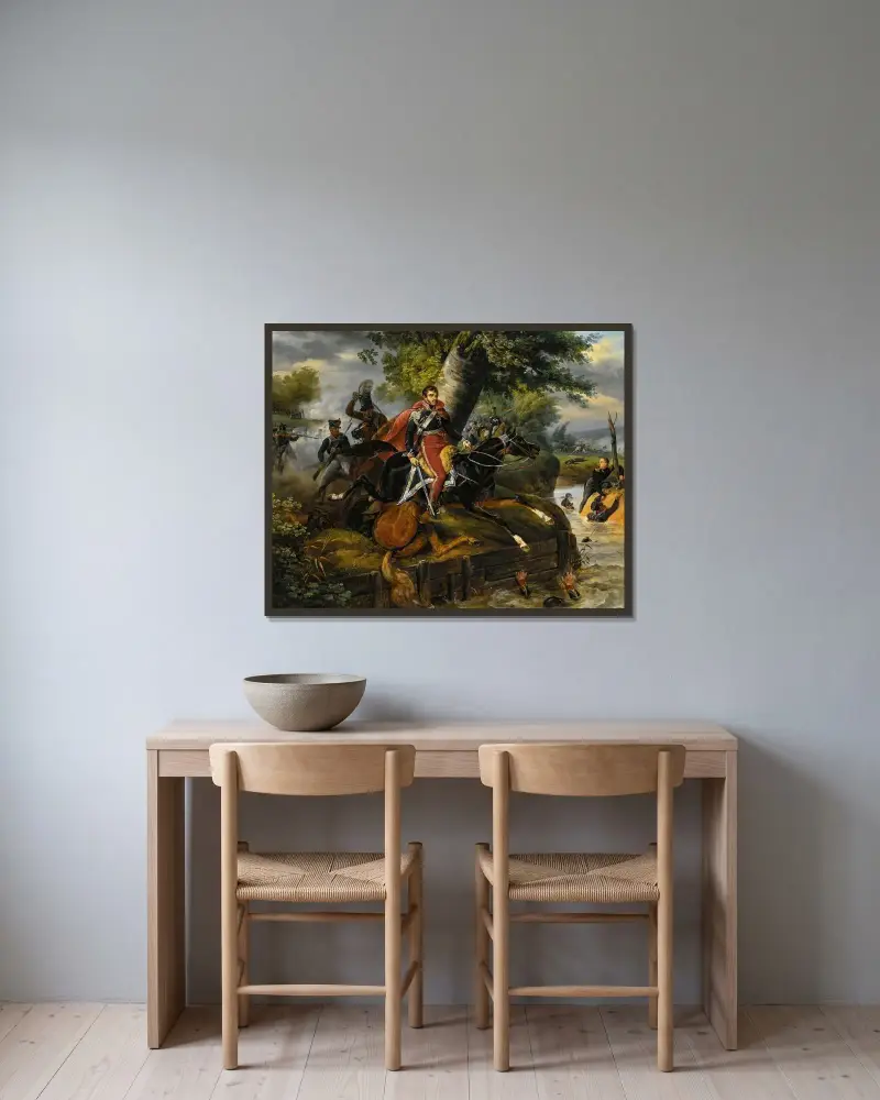 Prins Poniatowskis död den 19 oktober 1813 av Horace Vernet inramad på en vägg