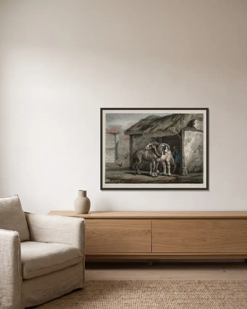 Bauernpferd von Horace Vernet gerahmt an einer Wand