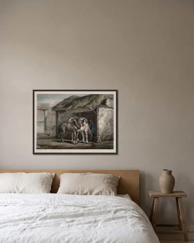 Bauernpferd von Horace Vernet gerahmt an einer Wand