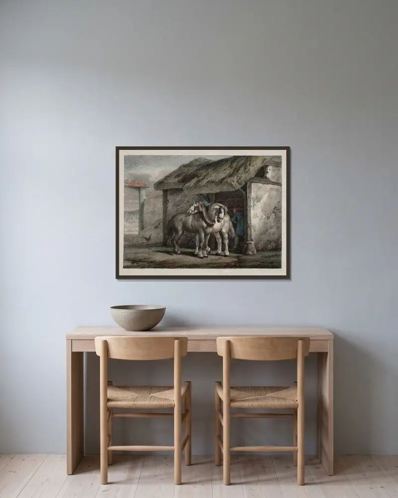 Bauernpferd von Horace Vernet gerahmt an einer Wand