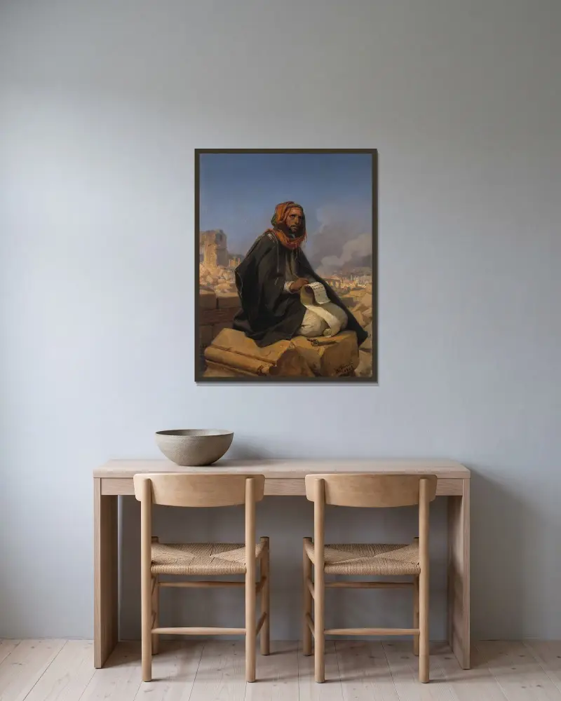 Jeremia vid Jerusalems ruiner av Horace Vernet inramad på en vägg