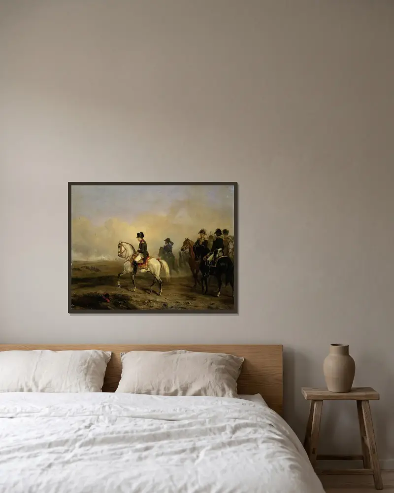 Kejsar Napoleon I och hans stab till häst av Horace Vernet inramad på en vägg