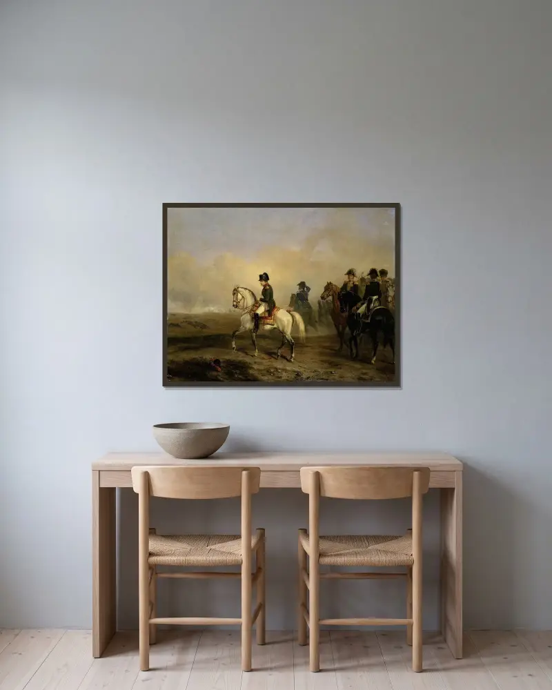 Kejsar Napoleon I och hans stab till häst av Horace Vernet inramad på en vägg