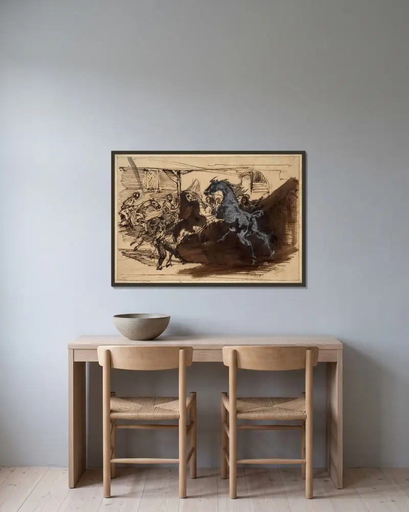 De fria hästarnas lopp i Rom av Horace Vernet inramad på en vägg