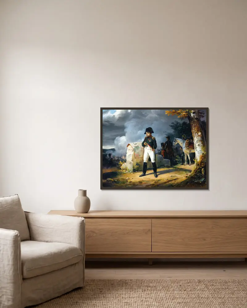 Napoleon In Charleroi June 1815 av Horace Vernet inramad på en vägg