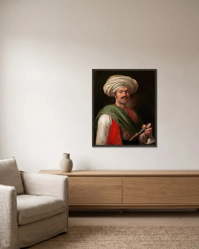 Portrait of a Mameluke. Said to Be Roustam Raza av Horace Vernet inramad på en vägg