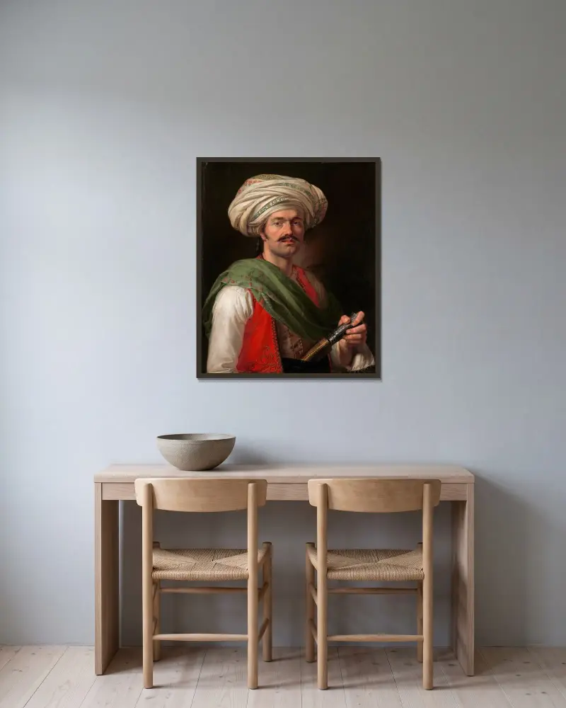 Portrait of a Mameluke. Said to Be Roustam Raza av Horace Vernet inramad på en vägg