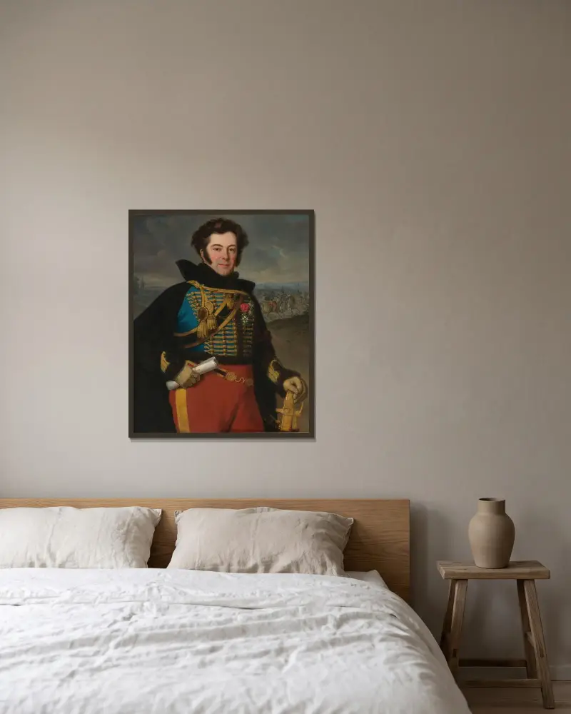 Porträtt av överste Auguste-Frédéric-Bon-Amour, markis de Talhouët av Horace Vernet inramad på en vägg