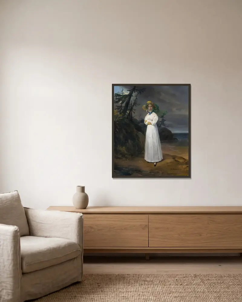 Portrait of the Widow Comtesse Jean-Henri-Louis Greffulhe, née Marie-Françoise-Célestine de Vintimille du Luc, later Comtesse Philippe-Paul de Ségur (1787-1862), in a Landscape av Horace Vernet inramad på en vägg
