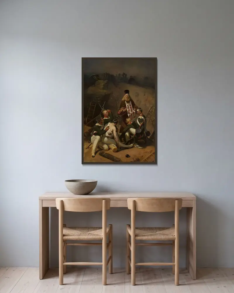 Präst som välsignar soldater av Horace Vernet inramad på en vägg