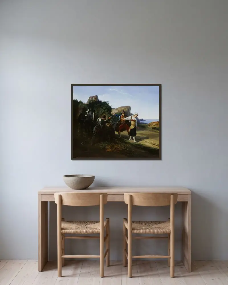 Rövaren förrådd av Horace Vernet inramad på en vägg