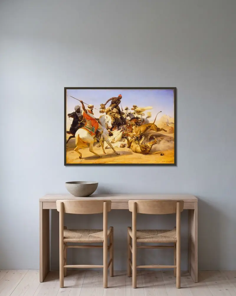 Lejonjakten av Horace Vernet inramad på en vägg