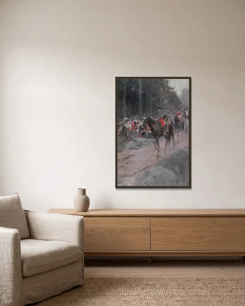Washingtons Rückzug von Great Meadows von Howard Pyle gerahmt an einer Wand