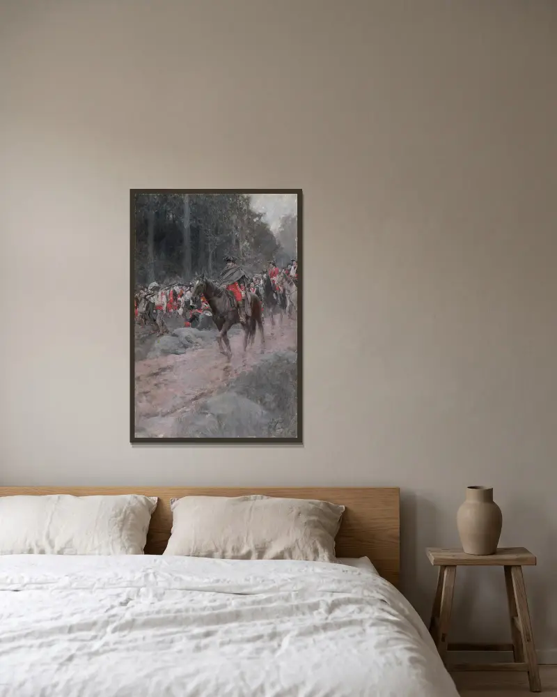 Washingtons Rückzug von Great Meadows von Howard Pyle gerahmt an einer Wand