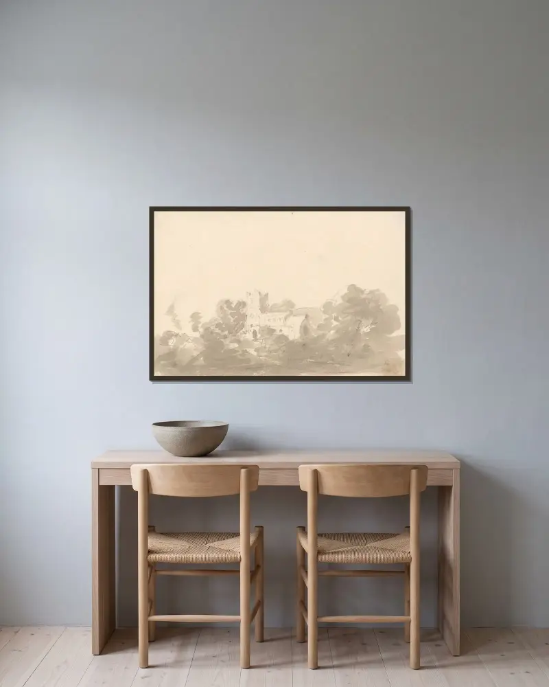 Kyrka bland träd av George Howland Beaumont inramad på en vägg