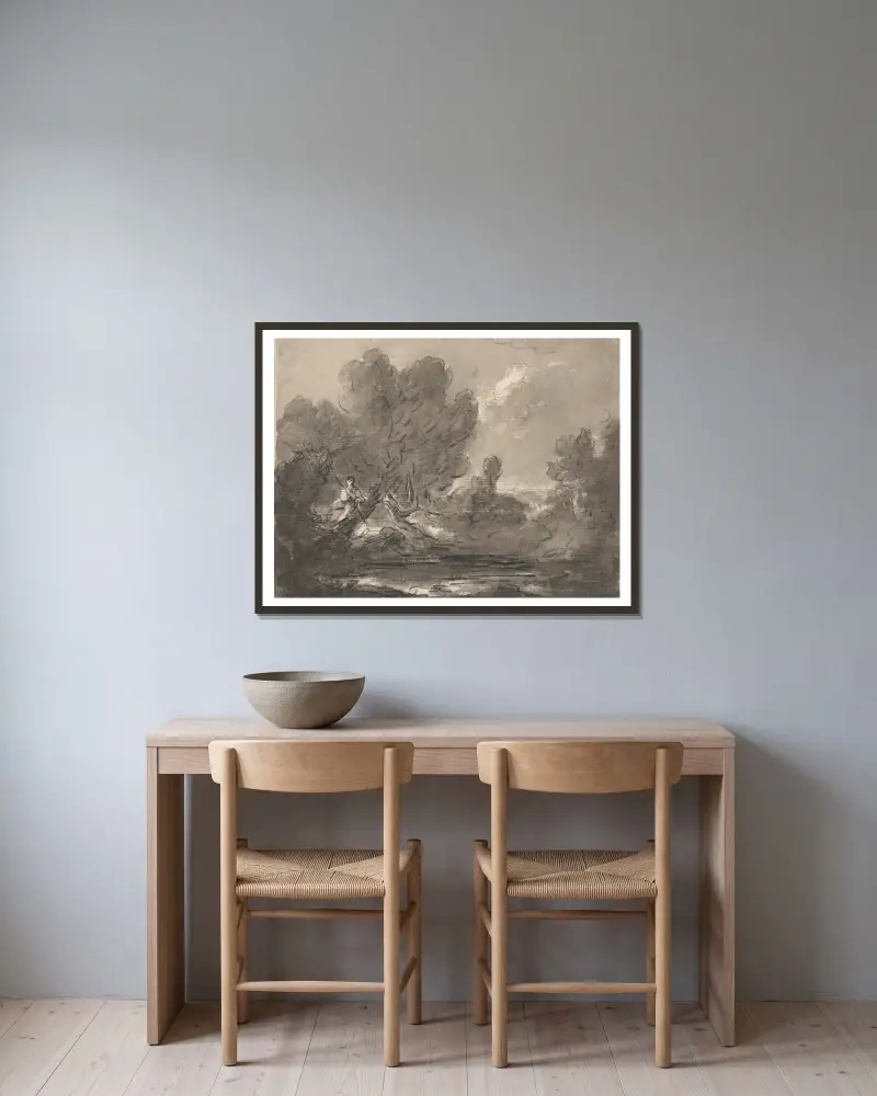 Figur i träd nära damm av George Howland Beaumont inramad på en vägg